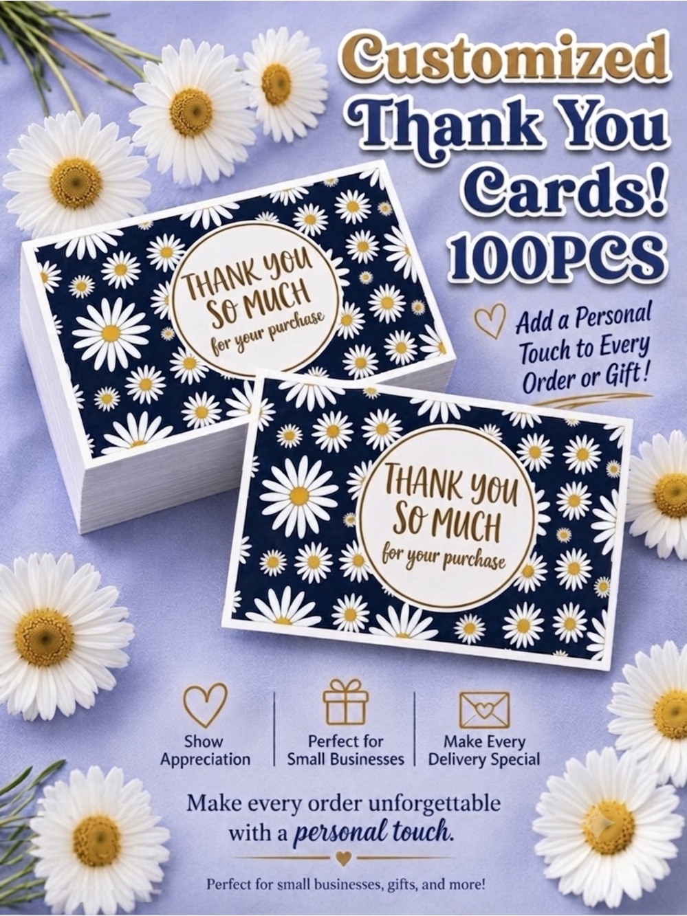 100 Pack Daisy Thank You Cards - Custom Made
